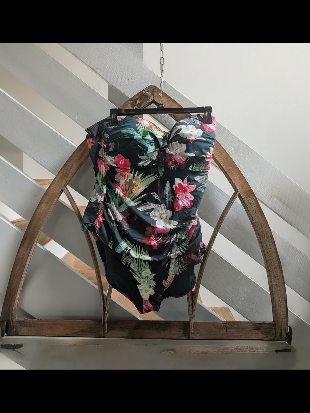 Floral Ruched 2 Piece Tankini in Dark green with Tropical Bloom.